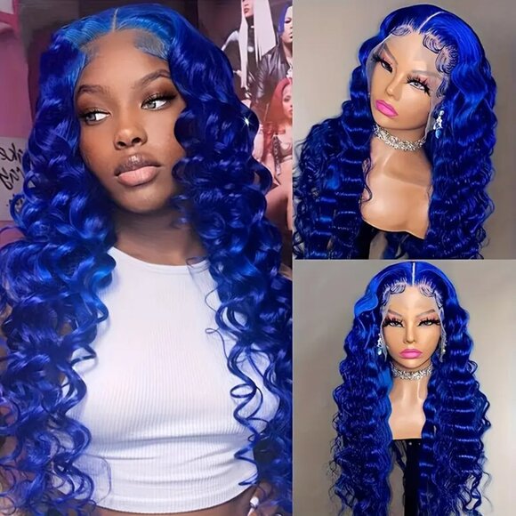 Vivid Blue 28" Deep Wave Lace Front Wig HD Transparent Glueless 180% - Picture 5 of 8